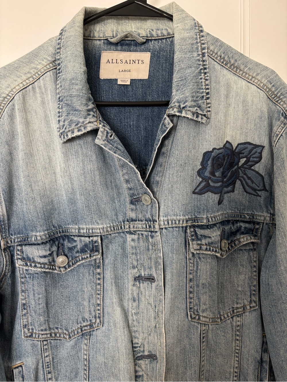 All Saints Large jean jacket blue rose patches